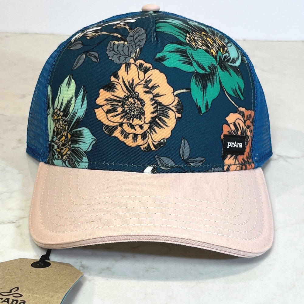 prAna NEW Lower Pines Trucker Snapback Baseball Mesh Hat Floral Pink Blue Hiking